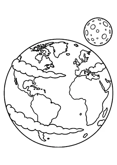 Planet Earth with outlined continents and oceans, two simple cloud bands, and the Moon nearby in the upper right.