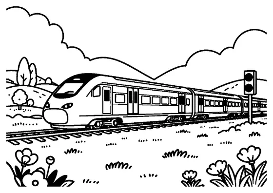 A sleek high-speed train zooming through a wide meadow filled with large poppies.