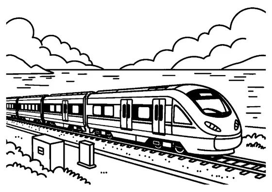 Un treno espresso moderno che scorre lungo una baia marina circondata da dolci colline.