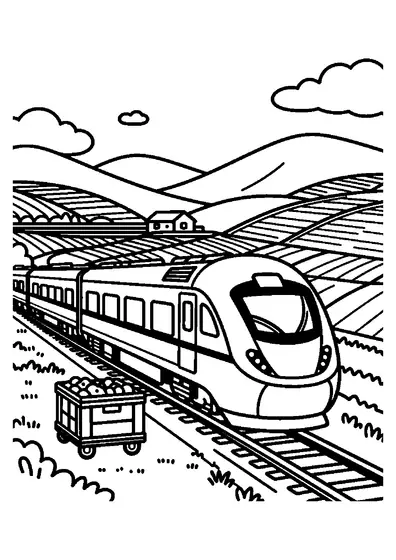 A modern express train travels along the foot of terraced fields with a small hut and rounded hills.