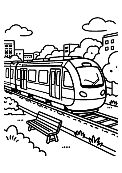 A modern monorail riding elevated tracks over a city garden.