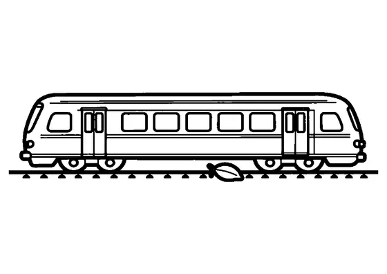 A regional passenger train with large windows next to a single autumn leaf.