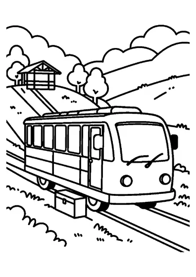 A funicular railway car climbing up a steep track on a green hill.