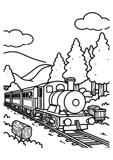 A train with passenger cars crosses a tall wooden trestle bridge set among forested hills.