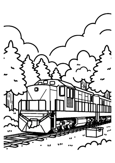 Una grande locomotiva diesel con vagoni in transito tra alti pini e rocce.