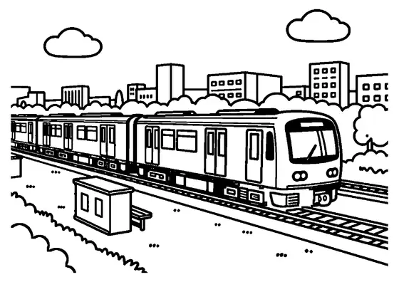 A subway train emerging from a tunnel onto open tracks between city buildings.
