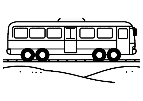 A coastal train with big windows next to a simple sandy dune.