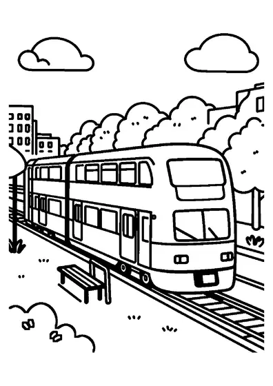 Un train à deux niveaux passe devant un parc urbain.