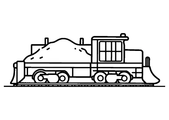 A rail snowplow vehicle with a large front plow, driver cabin, and snow drifts.