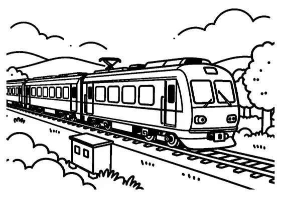 An electric train with large windows glides past blooming fruit orchards.