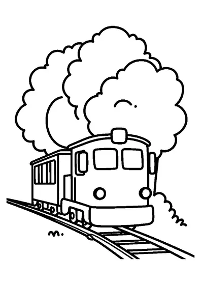 Front view of a train on the tracks framed by simple tree canopies.
