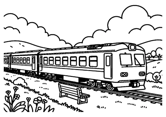 A local train with large windows drives through a valley filled with blooming canola flowers.