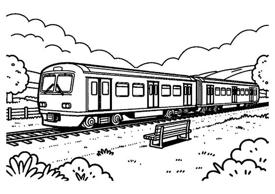 A long passenger train rides past a peaceful meadow with a fence and trees.