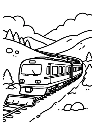 A passenger train curving through snowy mountain slopes.
