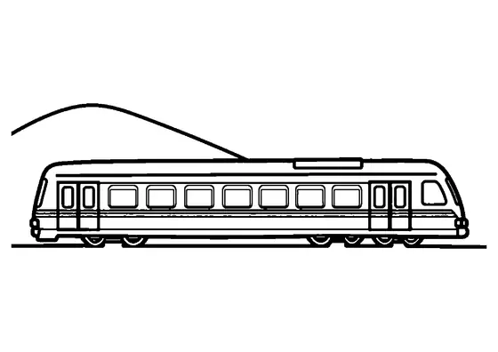 A train with wide windows on a track beside a gentle hill.