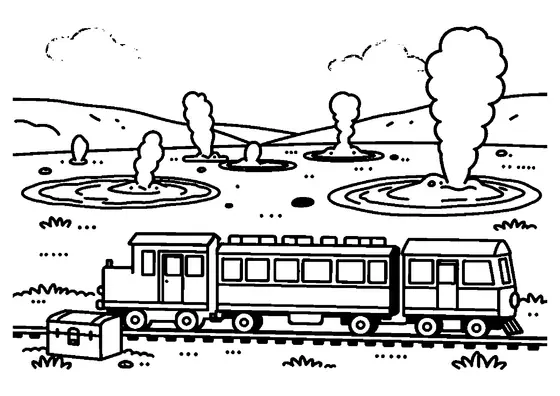 A sightseeing train with panorama windows rides through a valley filled with geysers, rocks, and hills.