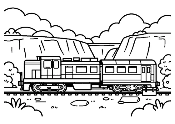 A large passenger train passes between towering rock walls and grass patches in a canyon cut.