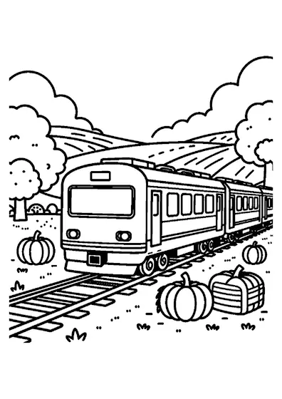 A train with large windows rides past a pumpkin patch with big pumpkins, a crate, and a hay bale.