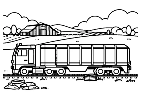 A large locomotive pulling boxcars parked next to a barn, sacks, and wooden crate.