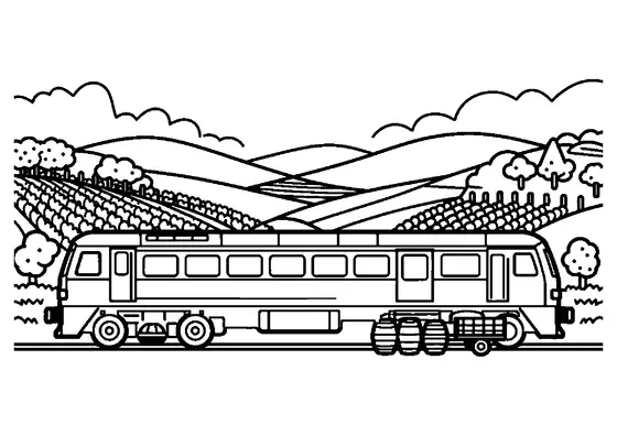 A large diesel train pulls carriages through rolling hills covered in wide rows of grapevines.