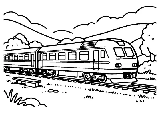 Un long train de nuit passe devant des collines douces et un arrêt forestier.