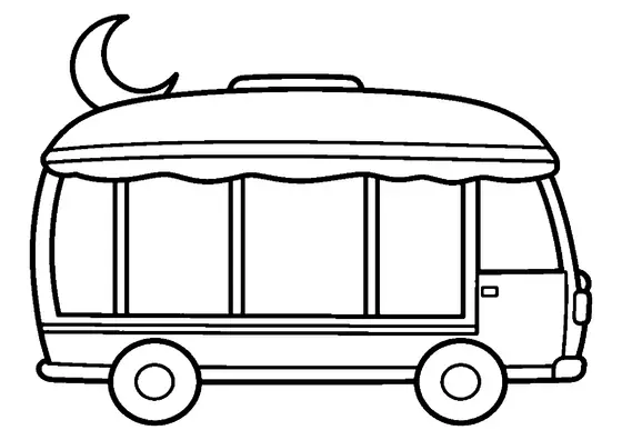 Voiture-lits avec grandes fenêtres et un croissant de lune au-dessus du toit.
