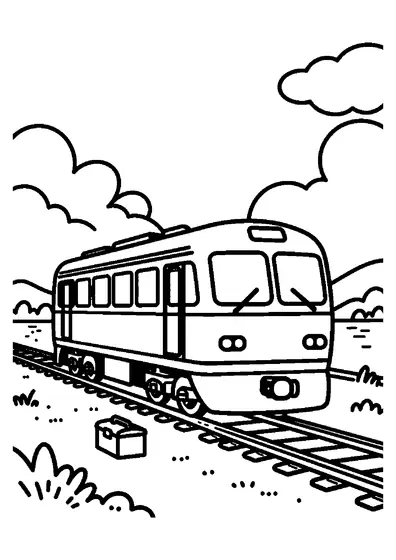 A large railbus travels along tracks on a stone causeway between water and rolling hills.