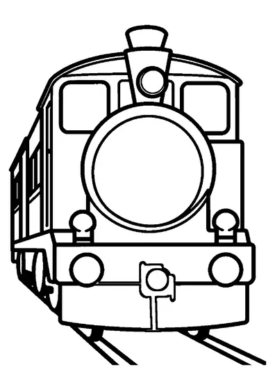 Full front view of a classic steam locomotive with round bumpers and a headlight.