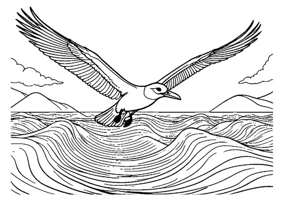 Desenho para colorir apresenta um anhanguera com asas abertas contra um cenário de montanhas e nuvens, com grandes áreas ideais para colorir.