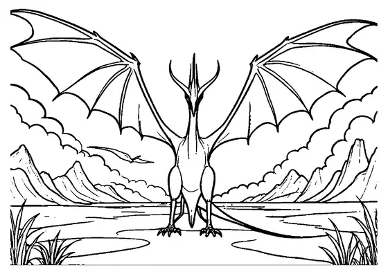 Desenho para colorir apresenta Kecalkoatl com asas abertas contra um cenário de montanhas e nuvens, com grandes áreas ideais para colorir.