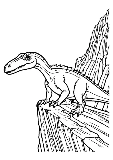 Dinossauro em pé na beira de um penhasco rochoso com vista para um desfiladeiro. Desenho para colorir para crianças com contornos limpos.