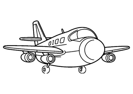Glad passagerarflygplan med stort nosparti, vingar, motorer och hjul för barn att färglägga.