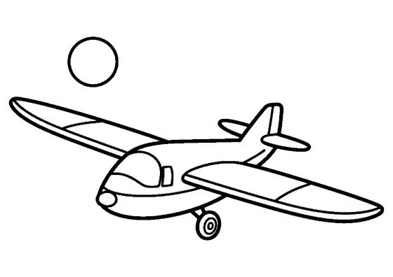 Avioneta volando junto al sol, con grandes alas y una ventanilla redonda, además de zonas claras y bien definidas para que los niños las coloreen.