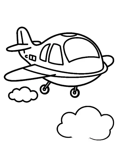 Avião celeste de desenho animado voando entre nuvens fofas com um grande cockpit e rodas para colorir para crianças.