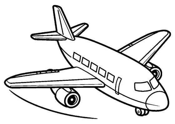 Avião de passageiros em voo com janelas visíveis, motores sob as asas e trem de pouso, criando um desenho limpo para colorir para crianças.