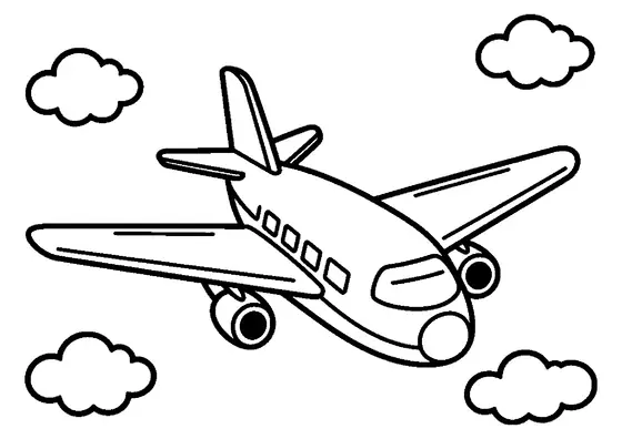 Um avião de passageiros voa entre quatro nuvens fofas, com uma fuselagem e asas grandes e bem definidas para colorir.