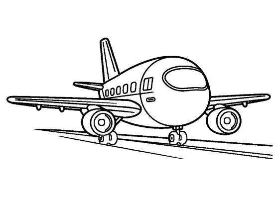 Ett stort passagerarflygplan står på startbanan, med runda vingar, motorer under vingarna och underrede med hjul. Enkel färgläggningsbild för barn.