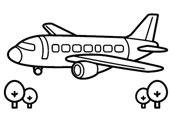 Avião de passageiros em voo sobre árvores com grandes janelas e motor sob a asa para colorir para crianças.