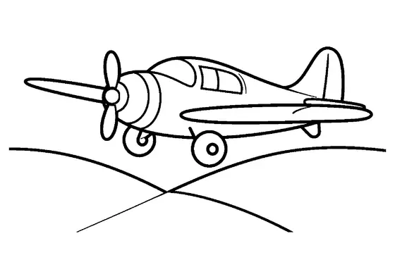 Um avião monomotor em voo sobre colinas tem grandes asas, uma hélice na frente e uma cabine, proporcionando áreas limpas para colorir.