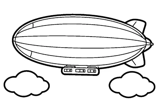 Gran dirigible zepelín volando sobre las nubes, con franjas longitudinales en la envoltura y una góndola fáciles de colorear.