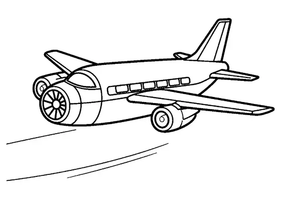 Um avião turbofan futurista com uma grande turbina no nariz voa sobre um campo, com uma fuselagem e asas grandes para colorir.