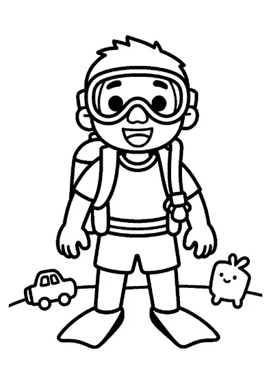 Smiling young scuba diver with fins, an oxygen tank, and a mask pushed up on their forehead.