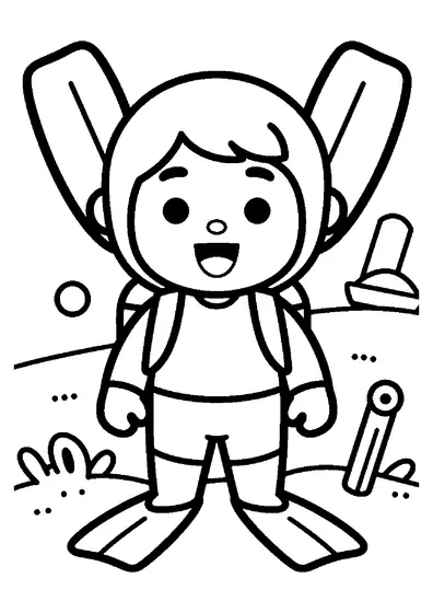 Cheerful ocean explorer wearing a hood, air tank, and large fins facing forward.