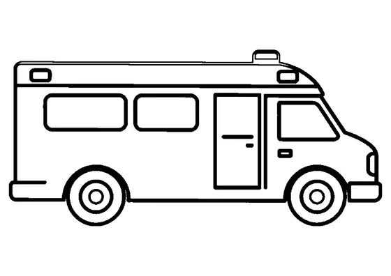 Ambulancia de rescate vista de lado, con grandes contornos despejados en la carrocería, las ventanas y las ruedas, lista para colorear.