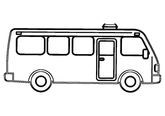 Autobús de asistencia médica visto de perfil, con grandes ventanas, puertas, luz de emergencia en el techo y amplias zonas para colorear.