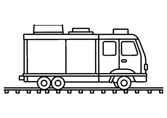 Dresina de rescate sobre las vías del tren, con líneas sencillas y amplios espacios libres para que los niños los pinten con ceras.