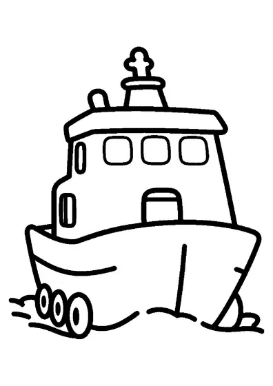 Lancha de salvamento que navega entre las olas, con ventanas grandes y un casco sencillo de contorno grueso listo para colorear.