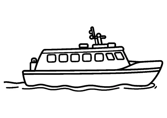 Lancha de rescate con cabina y ventanas navegando por aguas tranquilas, en un dibujo sencillo con zonas amplias para colorear.