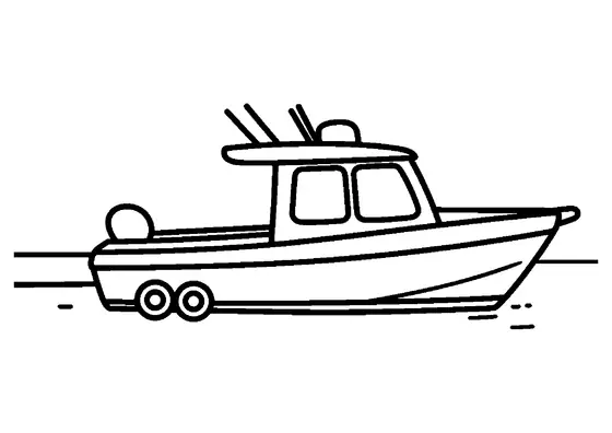Lancha motora con cabina y grandes ventanas navegando por aguas tranquilas, con espacios blancos para que los niños coloreen.