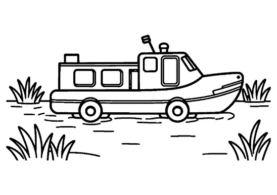 Vehículo anfibio de rescate navegando entre juncos, con ruedas, casco de embarcación, cabina con ventanas y luz de emergencia en el techo.